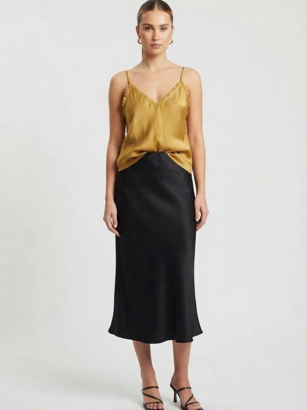 Maison Cinqcent Gold Satin Ruffled V-Neck Cami Tank Small